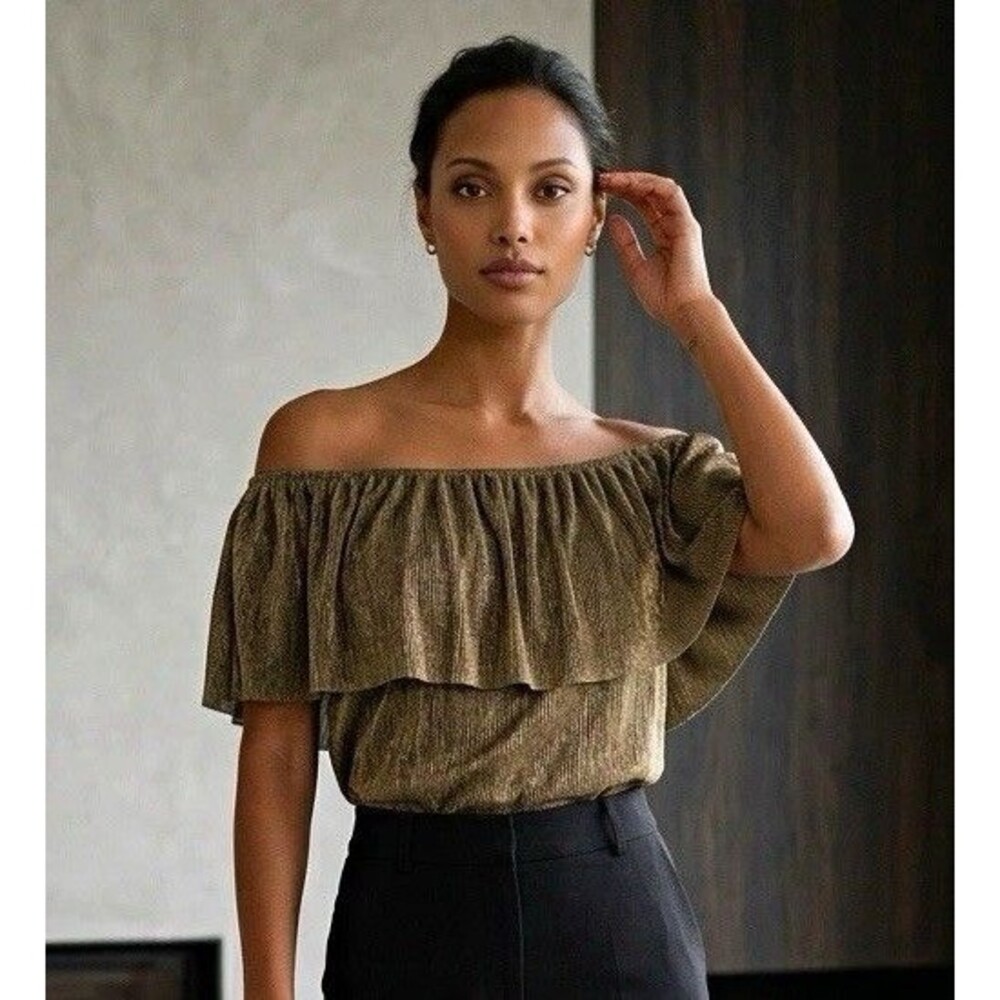 Signature Studio Olive Solid Off-Shoulder Ruffle Textured Knit Blouse M